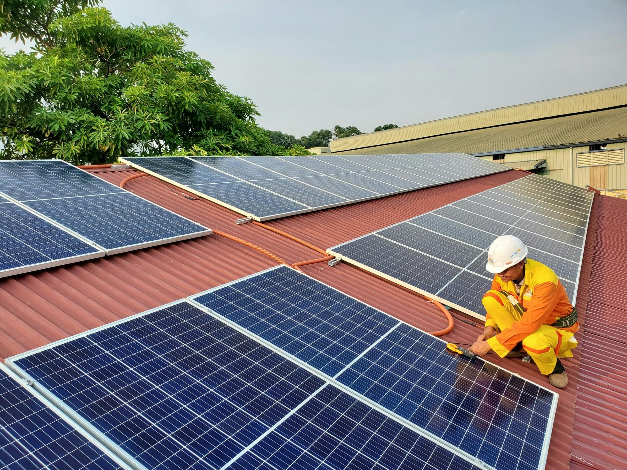 Rooftop solar panels on a Southwest Florida home under a bright summer sky